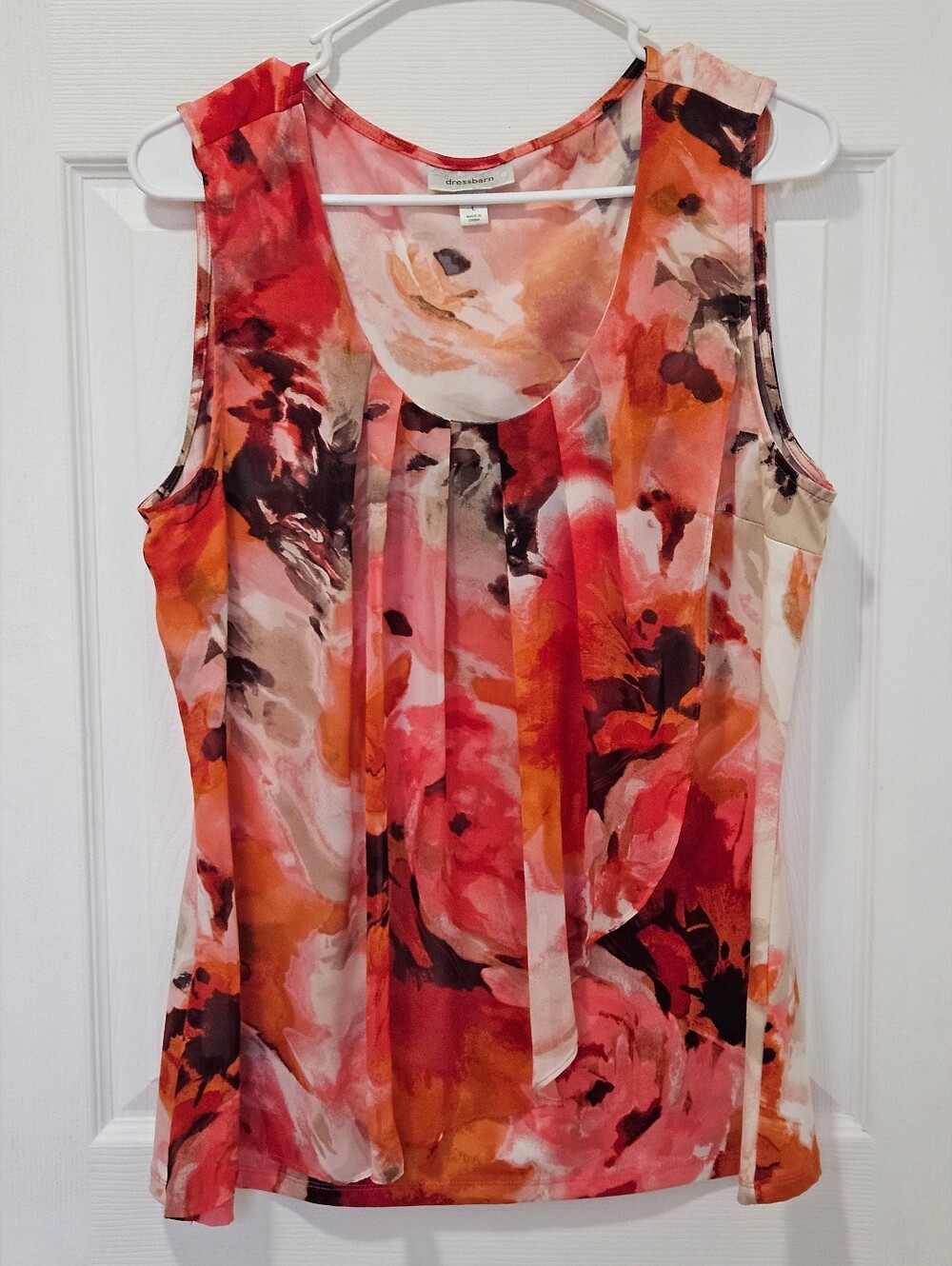 Dressbarn Coral Multi Floral Sleeveless Pleat-Front Tank